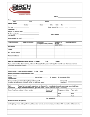 Birch Equipment Rental & Sales Job Application