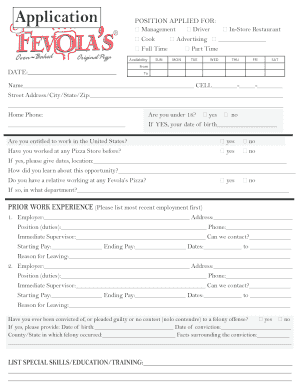 Fevola's Pizza Job Application Form