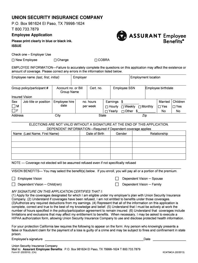 KC4704CA Employee Application - Assurant Employee Benefits Preview on Page 1