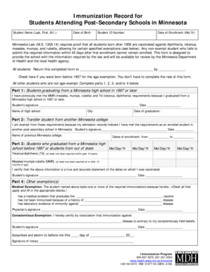 Minnesota Student Immunization Record Form