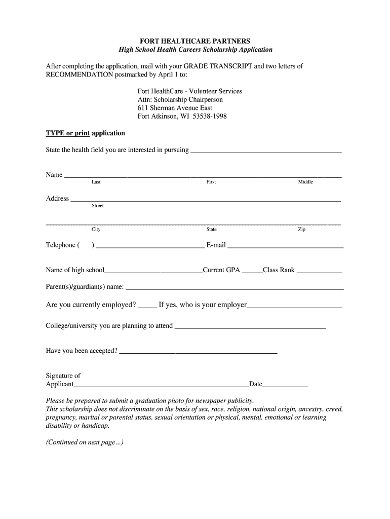 High School Student Application - Fort HealthCare Preview on Page 1