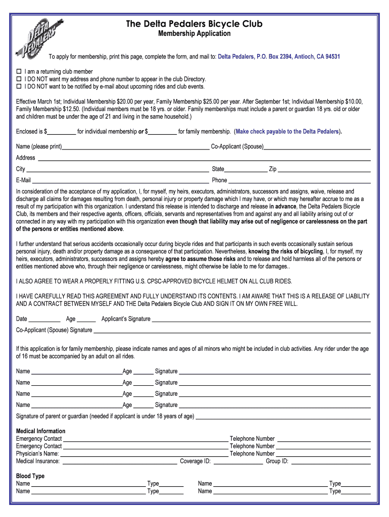 Membership Application - Delta Pedalers Bicycle Club Preview on Page 1