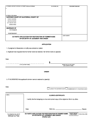 Ex Parte Application for Restoration of Former Name - Forms