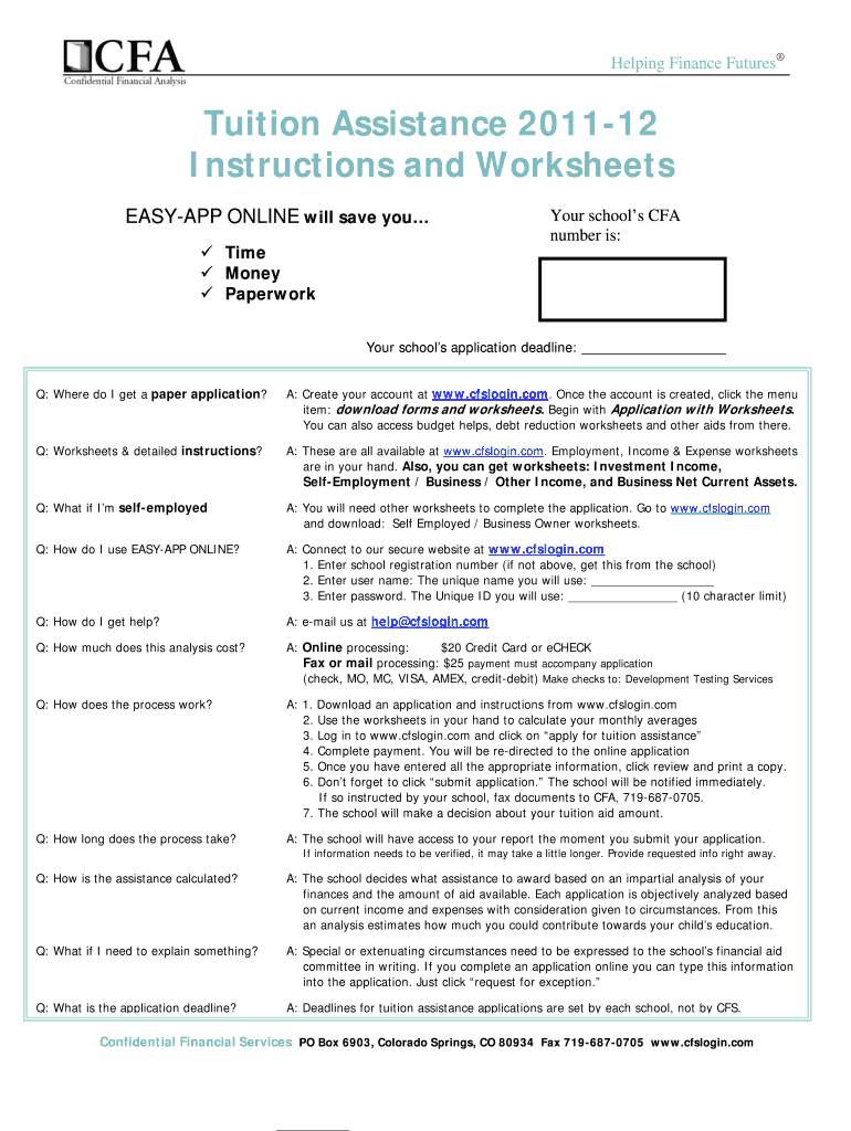 Tuition Assistance 2011-12 Instructions and Worksheets Preview on Page 1