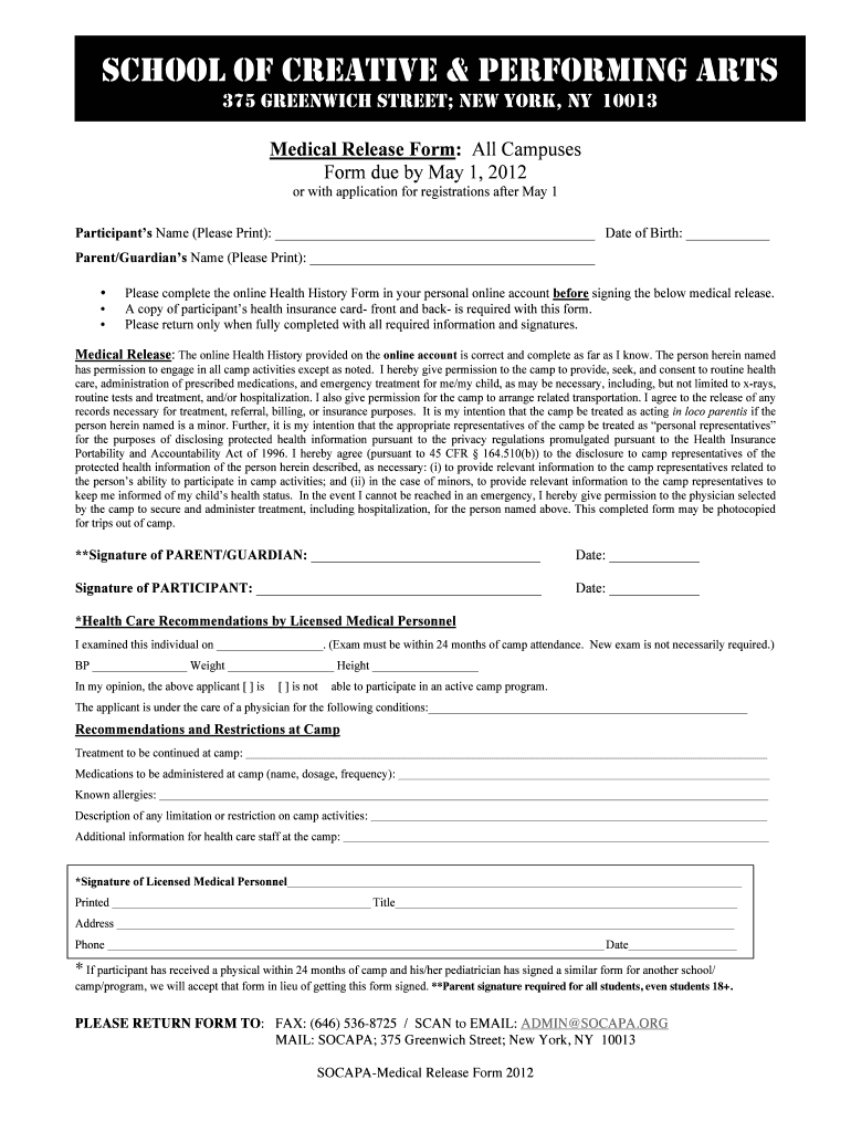 Medical Release Form (all U S campuses) - School of Cinema and Preview on Page 1