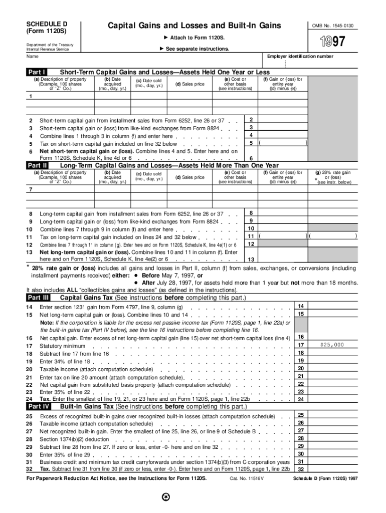 1997 Form 1120S (Schedule D) Capital Gains and Losses and Built-in Gains Preview on Page 1