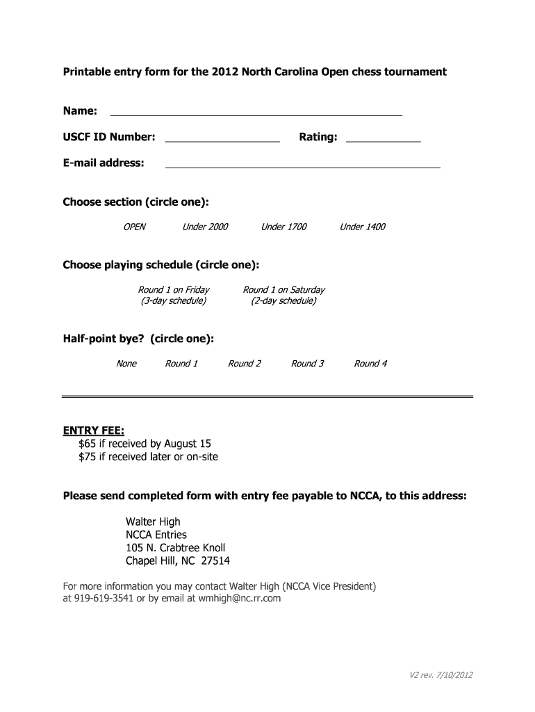 Printable entry form for the 2012 North Carolina Open chess Preview on Page 1