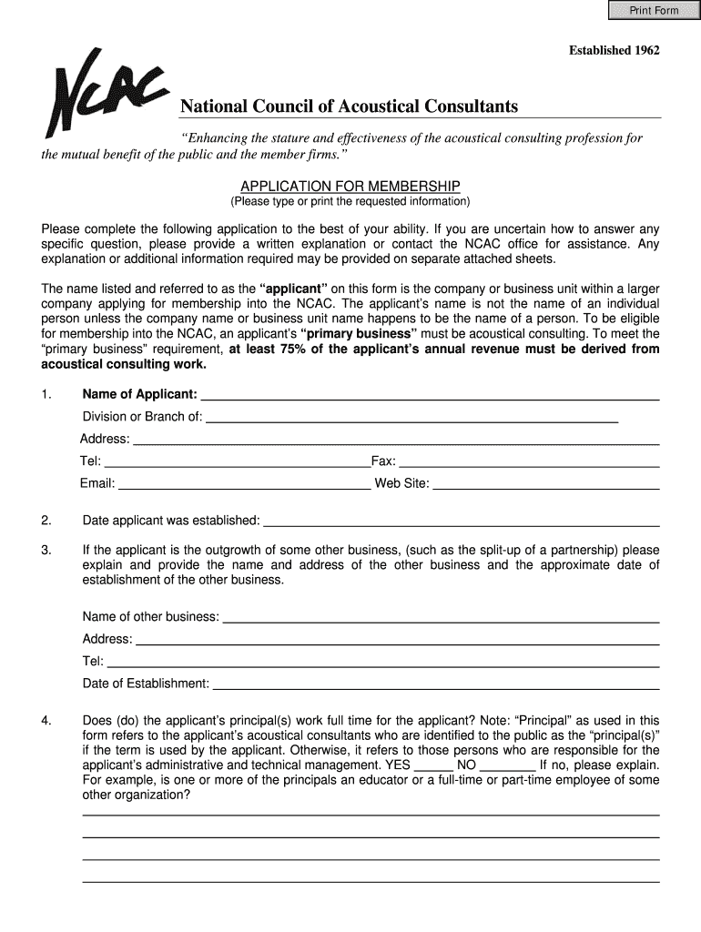 Membership Application - National Council of Acoustical Consultants Preview on Page 1