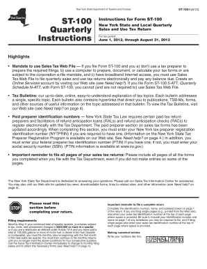 Form ST-100-I:6/12:Instructions for Form ST-100 New York State and Local Quarterly Sales and Use Tax Return: ST100I - tax ny
