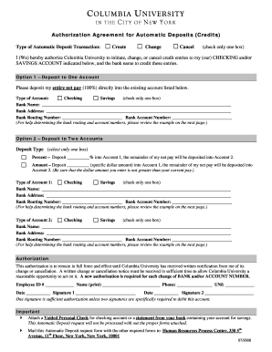 Columbia University Automatic Deposit Authorization