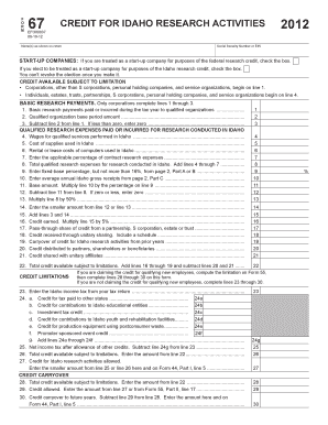 Idaho Form 67 Credit for Research Activities 2012