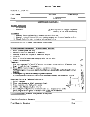 Child Severe Allergy Health Care Plan
