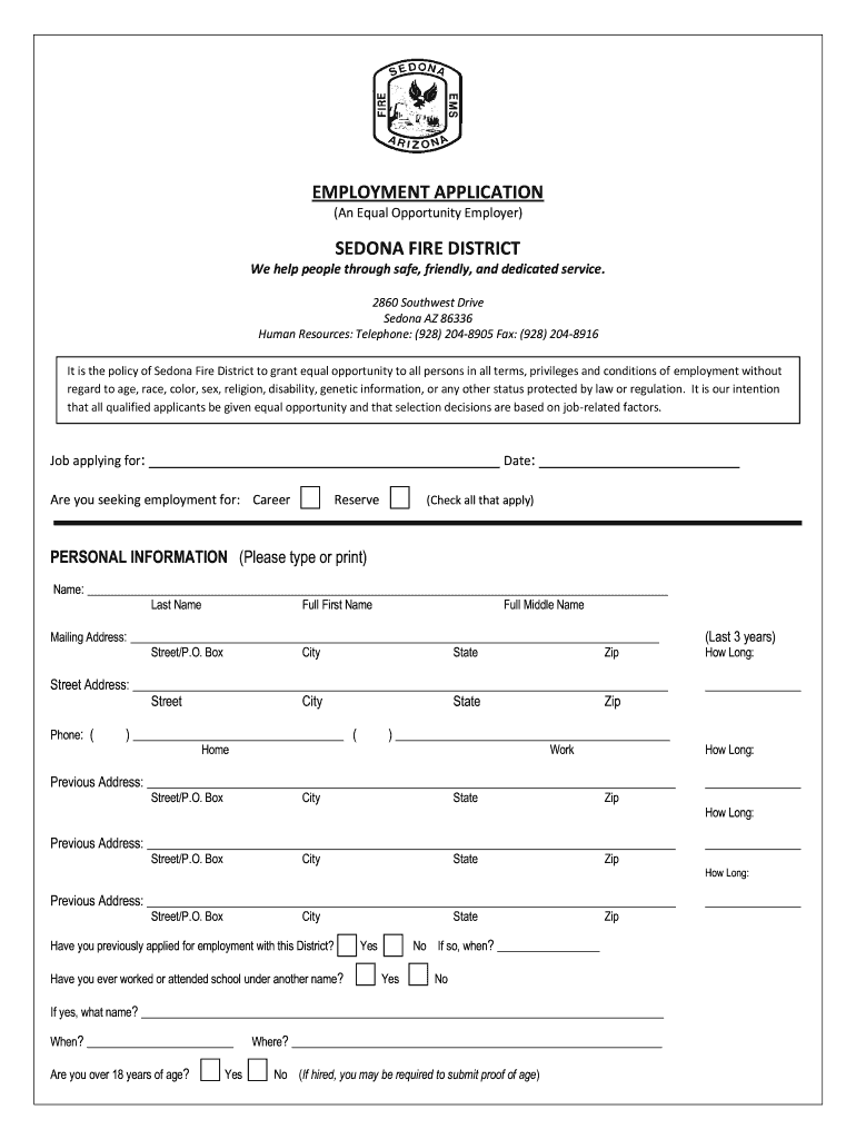 EMPLOYMENT APPLICATION SEDONA FIRE DISTRICT - sedonafire Preview on Page 1