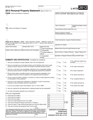 Michigan 2012 Personal Property Statement