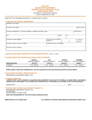 Golden Gate University Student Health Insurance Enrollment Form