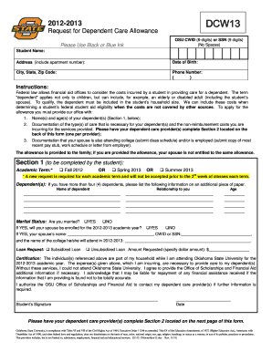2012-2013 Dependent Care Allowance Request