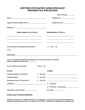 Certified Psychiatric Nurse Specialist Provider File Application
