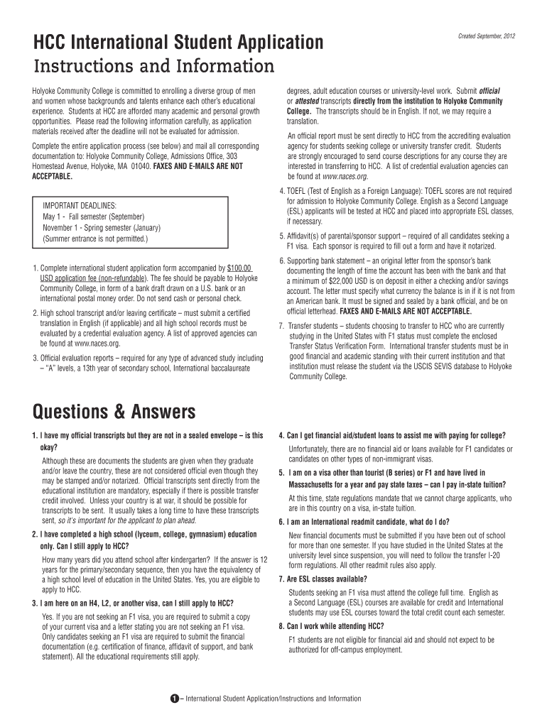 Fillable Online hcc International Student Application Holyoke