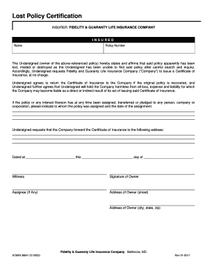 Lost Policy Certification