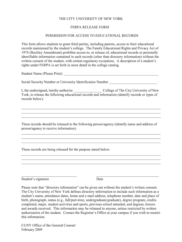 cuny ferpa release form Preview on Page 1