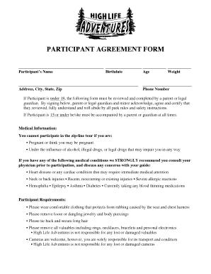 High Life Adventures Zip Line Participant Agreement