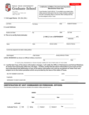 Texas Tech Military Personnel Certification Form