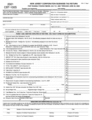 New Jersey Corporation Business Tax Return 2001-S