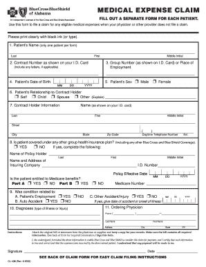 Health claim form - Blue cross of alabama fillable form cl 94