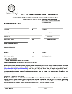2011-2012 Federal PLUS Loan Certification