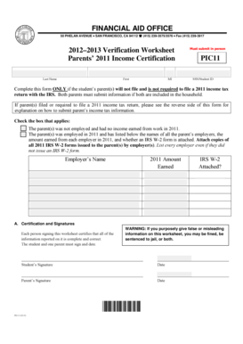 Parents 2011 Income Certification Form