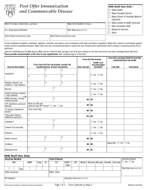 Communicable Disease and Immunization Record - MC0424-04. Communicable Disease Immunization Record - Post Offer Immunization Communicable Disease OHS Staff Allied Health Graduate School School Graduate Medical Education - mayo