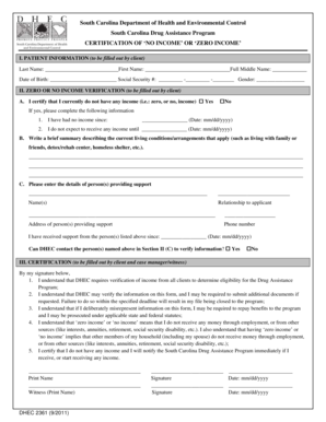 South Carolina Zero Income Certification Form