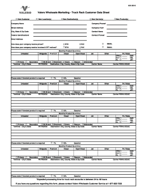 Valero Wholesale Marketing Truck Rack Customer Data Sheet