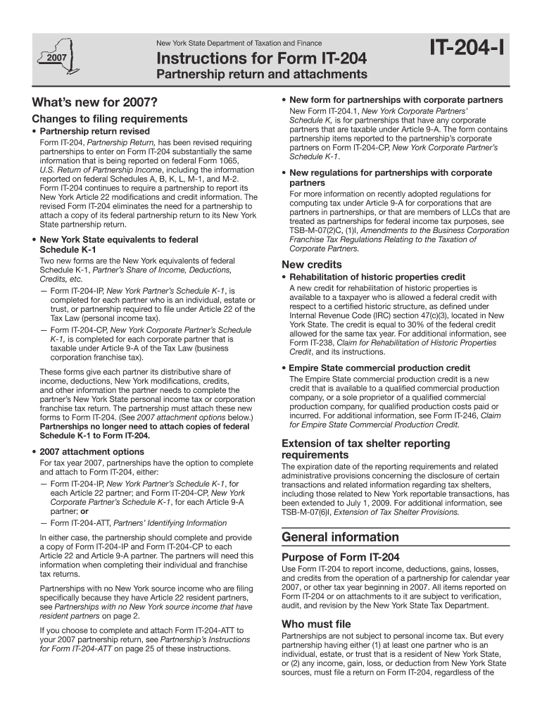 New York State Department of Taxation and Finance Instructions for Form IT-204 IT-204-I Partnership  Preview on Page 1