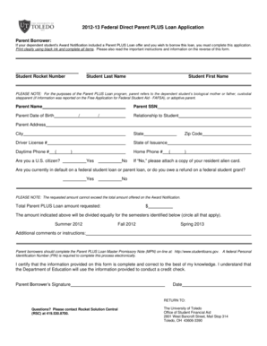 2012-13 Federal Direct Parent PLUS Loan Application