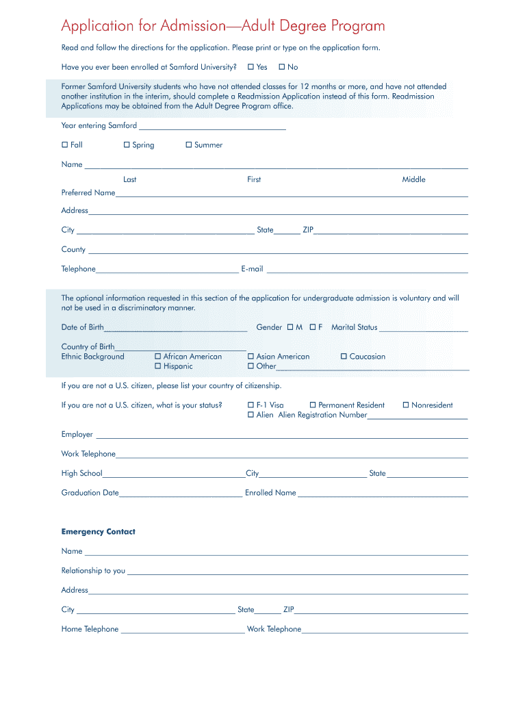 Adult Degree Program Application for Admission - Samford University Preview on Page 1