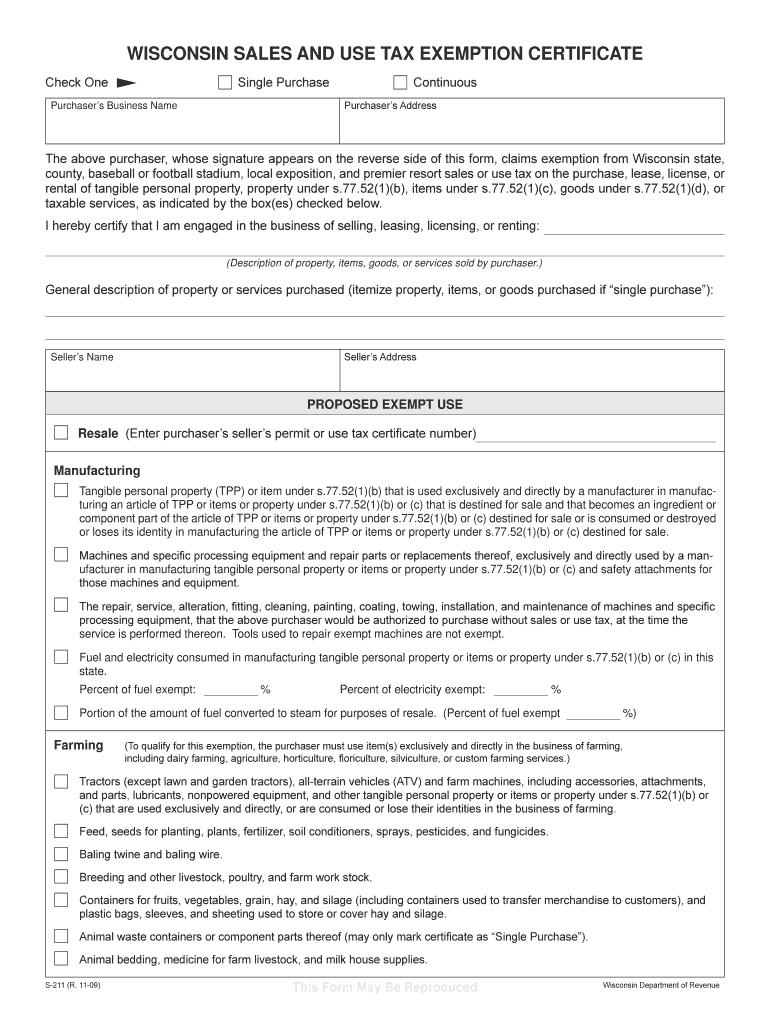 July 2009 S-211 Wisconsin Sales and Use Tax Exemption Certificate (fillable) S-211 Preview on Page 1