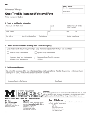 University of Michigan Group Life Insurance Withdrawal Form