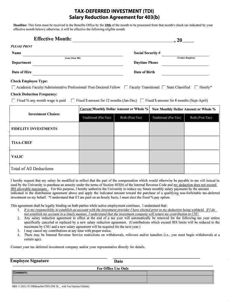 Tax-Deferred Investment Salary Reduction Agreement Preview on Page 1