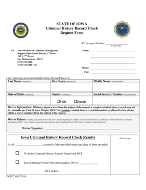 Iowa Criminal History Record Check Request Form
