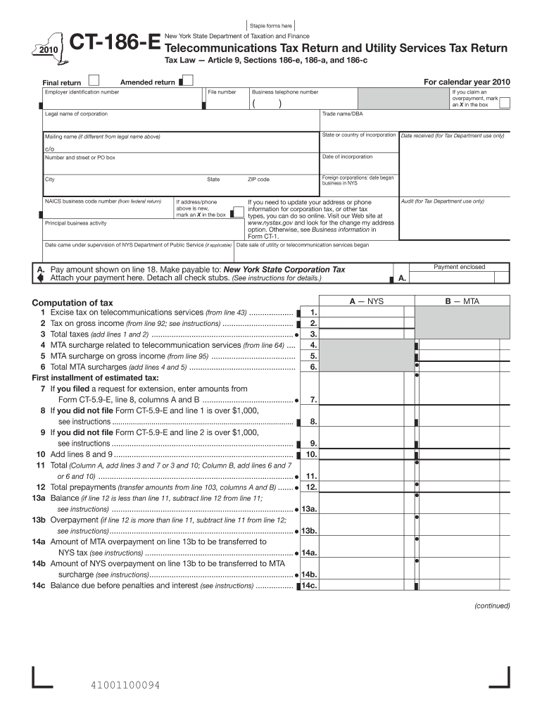 Staple forms here CT-186-E Telecommunications Tax Return and Utility Services Tax Return New York St Preview on Page 1