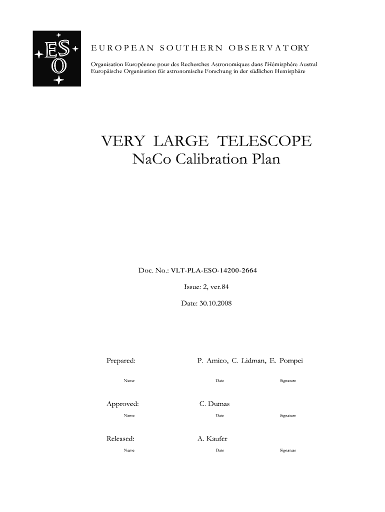 VERY LARGE TELESCOPE NaCo Calibration Plan - ESO Preview on Page 1