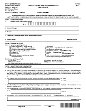 Delaware New Business Facility Tax Credit Application