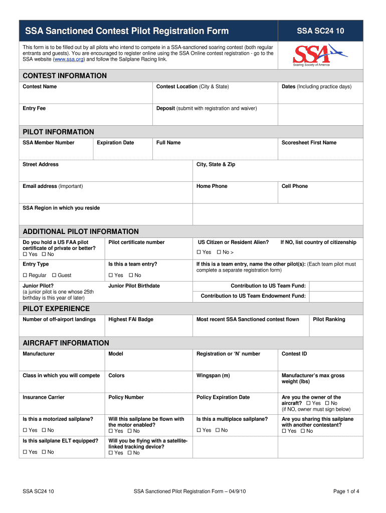 Pilot Registration Form - Soaring Society of America - ssa Preview on Page 1