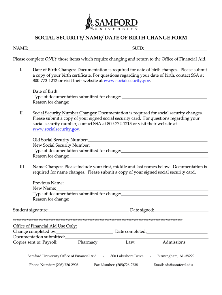 2012-2013 SSN-DOB-Name Change Form docx - samford Preview on Page 1