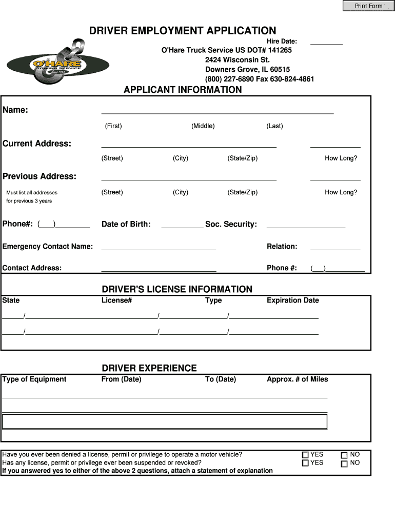 DRIVER EMPLOYMENT APPLICATION - O'Hare Towing Service Preview on Page 1