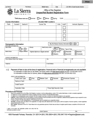 Unspecified Student Registration Form