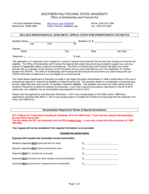 2012-2013 Professional Judgment Application for Independent Students
