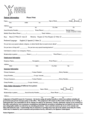 Georgia Spine & Neurosurgery Center Patient Information Form