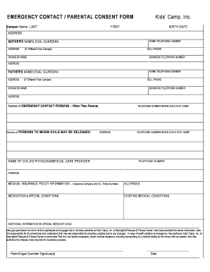 Kids’ Camp Emergency Contact Parental Consent Form
